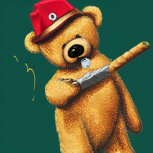 Teddy bear smoking a cigar, wearing a gold chain, wearing a hat, 8k