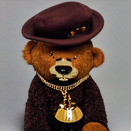 Teddy bear smoking a cigar, wearing a gold chain, wearing a hat, 8k