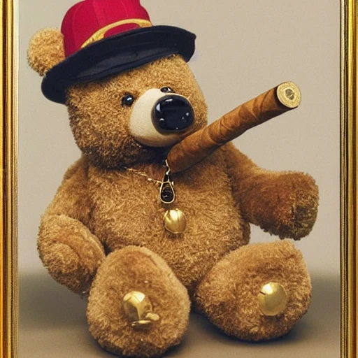 Teddy bear smoking a cigar, wearing a gold chain, wearing a hat, 8k