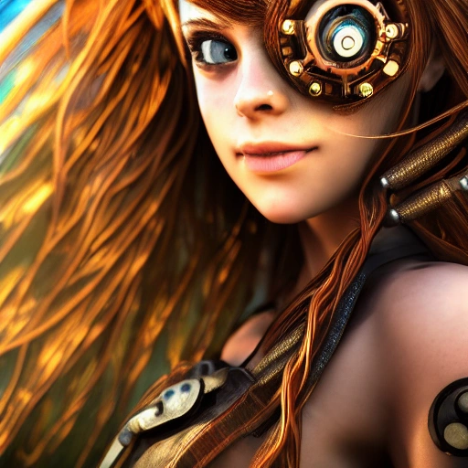 side close up portrait of 1 girl, steampunk, windblown long hair, detailed face, spotlight, steampunk city, multicolored, hyperrealistic, photografic, 8k, epic ambient light, octane render, 3D