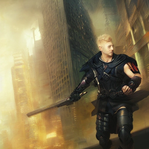 Ruan Jia, night, high detail face, blond man, avenger, holding hi-tech shield 4K, light and shadow, future city in background