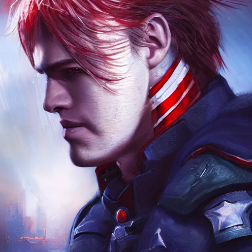 Ruan Jia, night, high detail face, blond handsome man, avenger, wearing dark blue and red striped clothing, military uniform, 4K, light and shadow, future city in the background