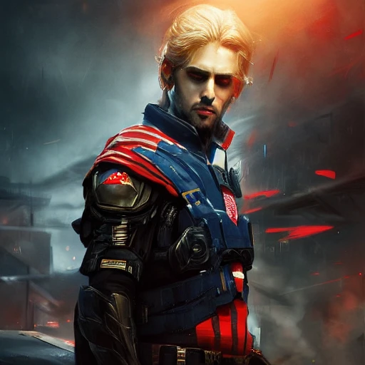 Ruan Jia, night, high detail face, blond handsome man, Avenger, wearing dark blue and red stripes costume, special forces, 4K, light and shadow, background future city