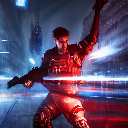 Ruan Jia, night, high detail face, blond handsome man, Avenger, wearing dark blue and red stripes costume, special forces, 4K, light and shadow, background future city