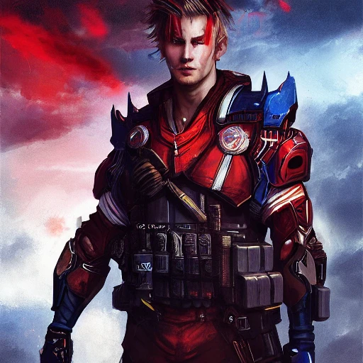 Ruan Jia, night, high detail face, blond handsome man, Avenger, wearing dark blue and red stripes costume, special forces, 4K, light and shadow, background future city