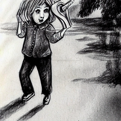 Russian girl carries a rocker with buckets of water, Cartoon, Pencil Sketch