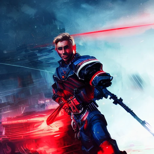 Ruan Jia, night, high detail face, blond handsome man, Avenger, wearing dark blue and red stripes costume, special forces, 4K, light and shadow, background future city