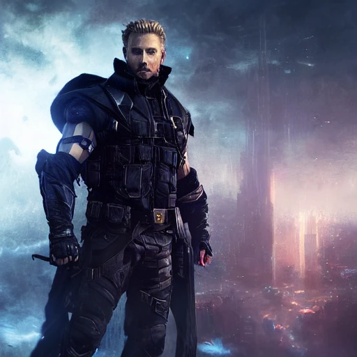 Ruan Jia, night, high detail face, blond handsome man, Avengers, wearing dark clothing, special forces, 4K, light and shadow, background future city