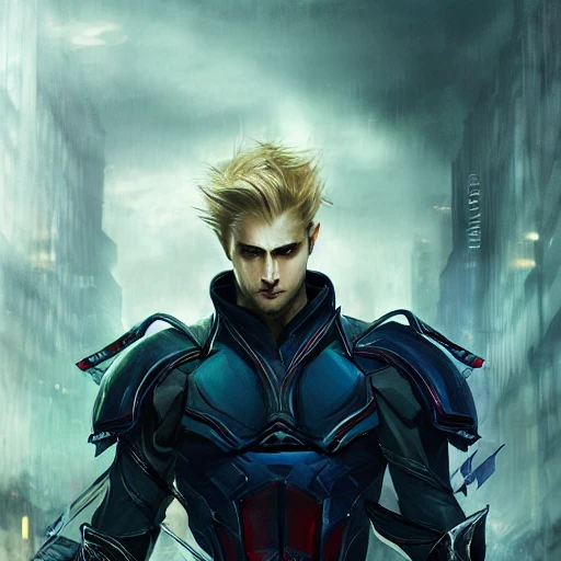 Ruan Jia, night, high detail face, blond handsome man, avenger, wearing dark blue costume, black pants, special forces, 4K, light and shadow, background future city