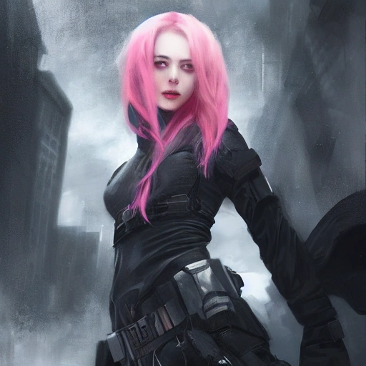 Ruan Jia, night, high detail face, beautiful woman with pink hair, Avengers, wearing dark clothing, special forces, 4K, light and shadow, background future city