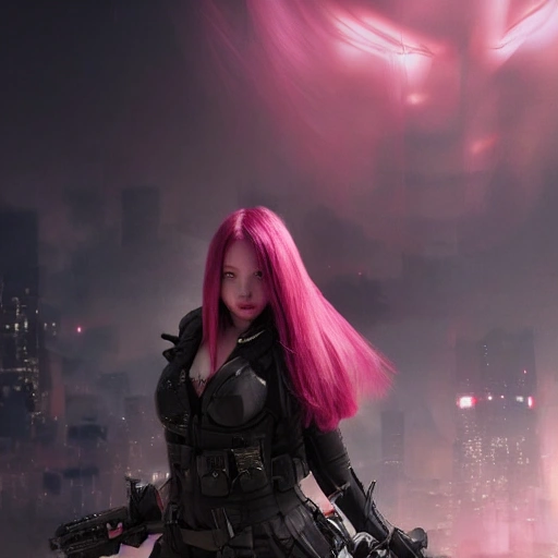 Ruan Jia, night, high detail face, beautiful woman with pink hair, Japan, Avengers, wearing dark clothing, special forces, 4K, light and shadow, background future city