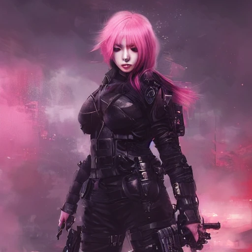 Ruan Jia, night, high detail face, beautiful woman with pink hair, high detail eyes, Japan, Avengers, wearing dark clothing, special forces, 4K, light and shadow, background future city