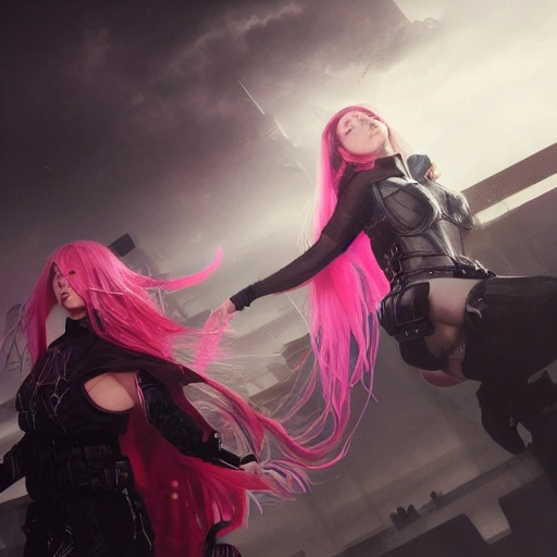 Ruan Jia, night, high detail face, beautiful woman with pink hair, high detail eyes, Japan, Avengers, wearing dark clothing, special forces, 4K, light and shadow, background future city