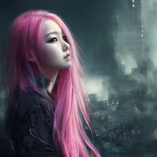 Ruan Jia, night, high detail face, beautiful woman with pink hair, high detail eyes, Japan, Avengers, wearing dark clothing, special forces, 4K, light and shadow, background future city