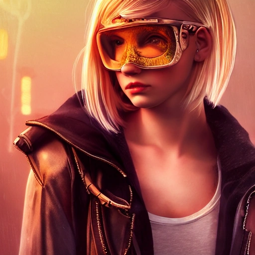 realistic  portrait of a young teen girl, blonde hair, cyberpunk style outfit with super short hair, casting a bright large-scale magical steam punk like city, magic dust around, highly detailed, trending on artstation, pixiv, concept art, sharp focus, illustration, photography by jerry ghionis