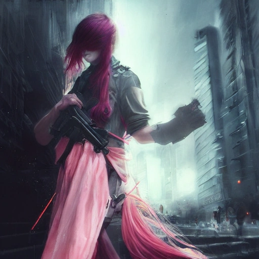 Ruan Jia, night, high detail face, beautiful woman with pink hair, high detail eyes, Japan, Avengers, wearing dark clothing, special forces, 4K, light and shadow, background future city