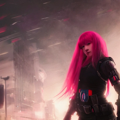 Ruan Jia, night, high detail face, beautiful woman with pink hair, high detail eyes, Japan, Avengers, wearing dark clothing, special forces, 4K, light and shadow, background future city