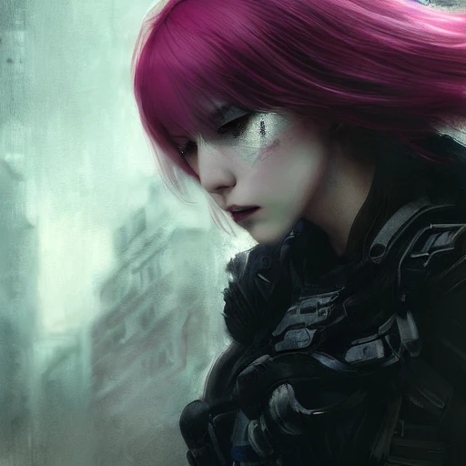 Ruan Jia, night, high detail face, beautiful woman with pink hair, high detail eyes, Japan, Avengers, wearing dark clothing, special forces, 4K, light and shadow, background future city