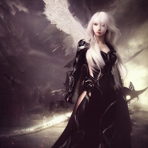 Ruan Jia, night, high detail face, beautiful woman with silver hair, high detail eyes, Japan, Avenger, wearing dark fantasy costume, angel with black wings, 4K, light and shadow, background future city