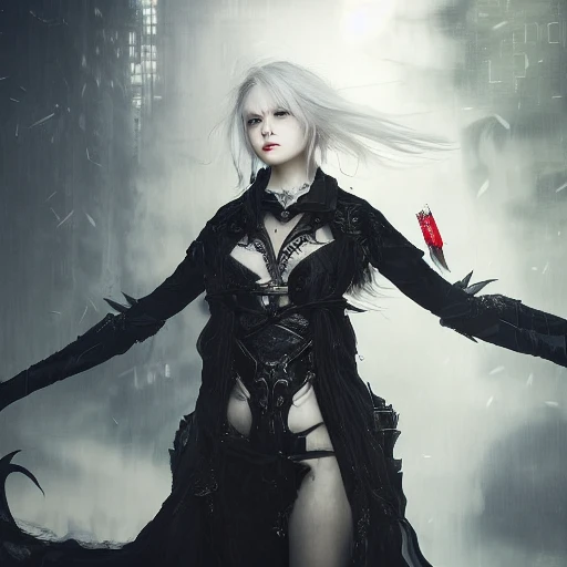 Ruan Jia, night, high detail face, beautiful woman with silver hair, high detail eyes, Japan, Avenger, wearing dark fantasy costume, angel with black wings, 4K, light and shadow, background future city