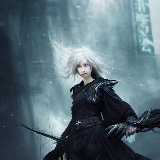 Ruan Jia, night, high detail face, beautiful woman with silver hair, high detail eyes, Japan, Avenger, wearing dark fantasy costume, angel with black wings, 4K, light and shadow, background future city