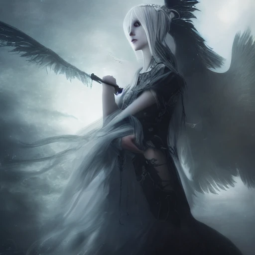 Ruan Jia, night, high detail face, beautiful woman with silver hair, high detail eyes, Japan, wearing dark fantasy costume, angel with black wings, 4K, light and shadow, background future city