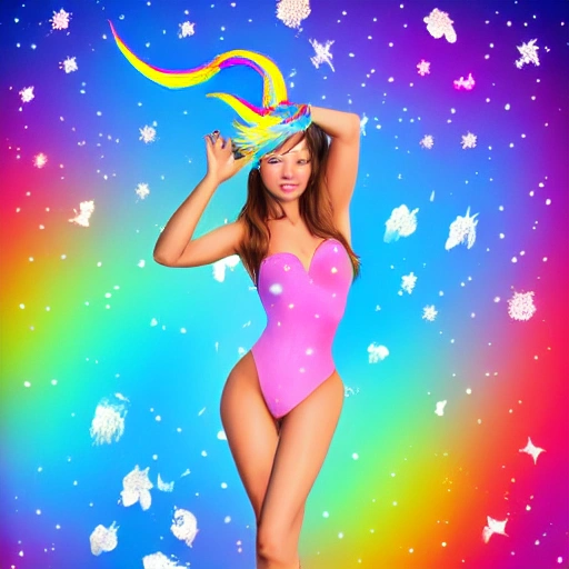 sexy tan girl on a unicorn 🦄 in a light bright background with colors