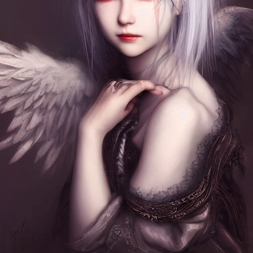 Ruan Jia, night, high detail face, beautiful woman with silver hair, high detail eyes, Japanese, fantasy costume, angel with black wings, 4K, light shadow