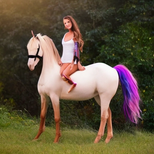 sexy clothed tan girl on a unicorn horse in a light bright background with colors