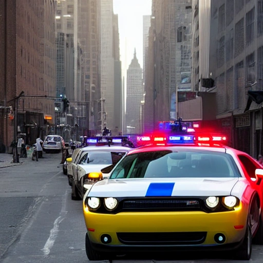 Police car chasing Dodge challenger on a busy sythwave newyork street. the sun is set and golden river