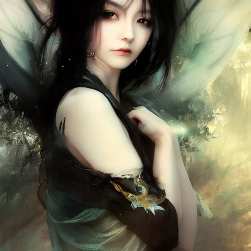 Ruan Jia, night, high detail face, black hair beautiful woman, high detail beautiful eyes, Japanese, fantasy costume, angel with black wings, 4K, light shadow