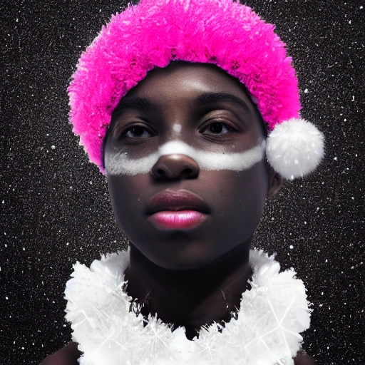 portrait of a beautiful black boy, pink crystals, Christmas and winter elements, pink, silver, white holiday theme, hyper realistic, symmetrical face, symmetrical eyes, trending on artstation