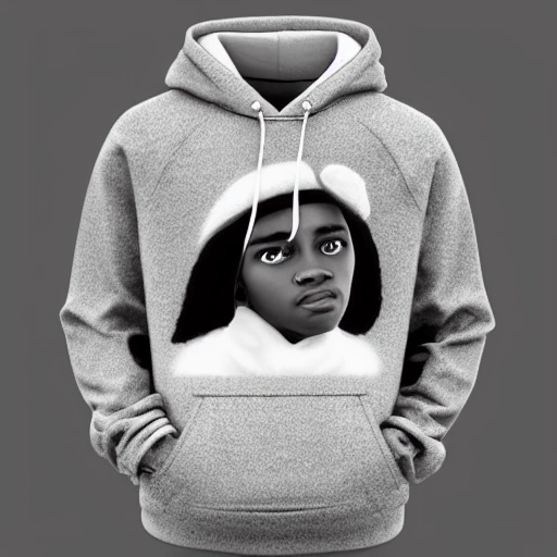 A handsome boy wears a hoodie that has portrait of a handsome black boy on hoodie, winter elements,, silver, white holiday theme, hyper realistic, symmetrical face, symmetrical eyes, trending on artstation