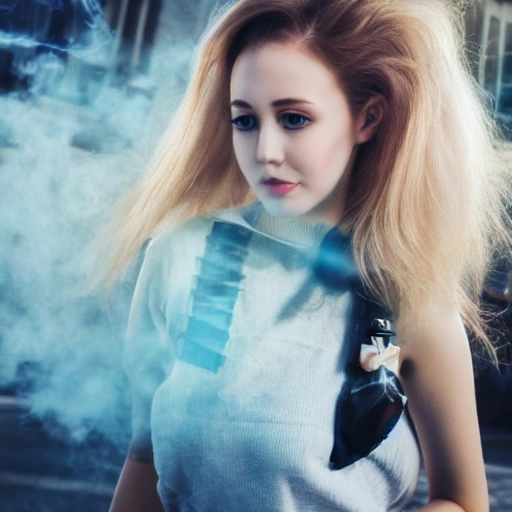 realistic face of a young teen girl, blonde hair, smart casual style outfit with long hair, casting a bright large-scale magical steam like city, magic dust around, highly detailed, trending on young fashion, sharp focus, photography by professional