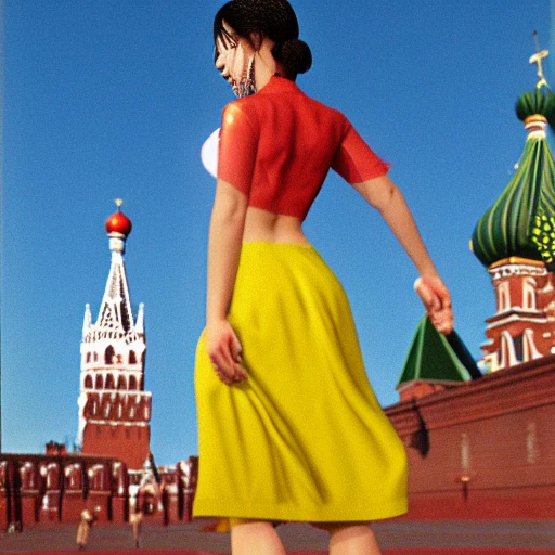 a very beautiful girl with red lips, open breasts in a bright yellow skirt walks along the red square, 3d, high detail