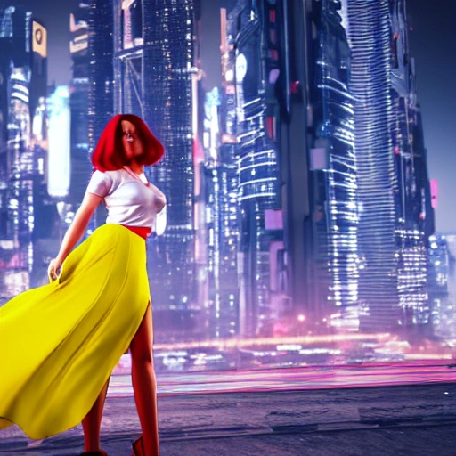 a very beautiful girl with red lips looks straight, in a bright yellow skirt goes to the city of the future in cyberpunk style, 3d, high detail