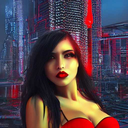 Attractive, young, busty, woman, perfect eyes, gorgeous face, intricate, red bra, black lace, tear drop breast, Mystical background, highly detailed, a very beautiful girl, red lips, looks straight, in a bright yellow skirt goes to the city of the future in cyberpunk style, 3d, high detail