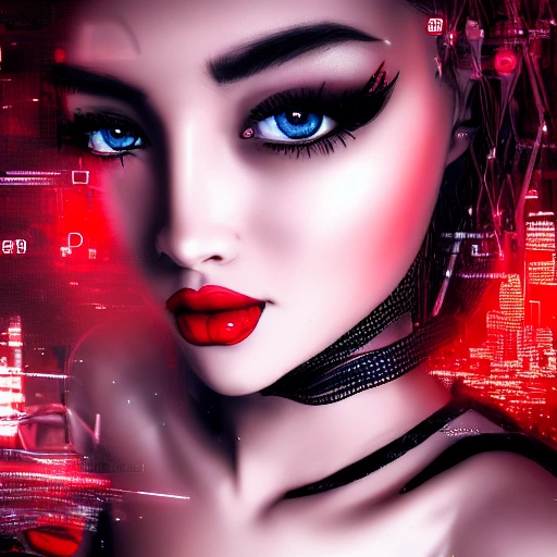 Attractive, young, busty, woman, perfect eyes, gorgeous face, intricate, red bra, black lace, tear drop breast, Mystical background, highly detailed, a very beautiful girl, red lips, looks straight, goes to the city of the future, in cyberpunk style, 3d, high detail