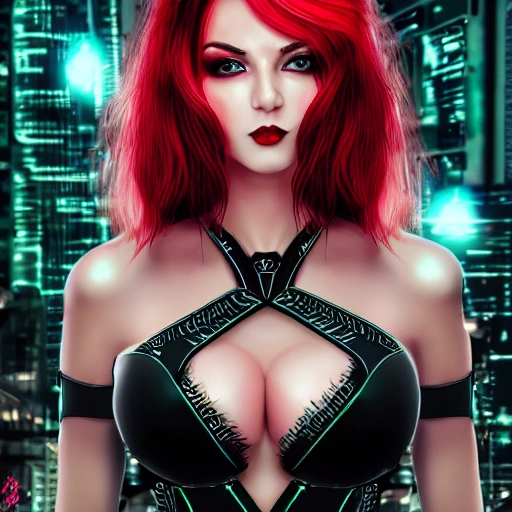 Attractive, young, busty, woman, perfect eyes, gorgeous face, intricate, red bra, black lace, tear drop breast, Mystical background, highly detailed, red hair, green eyes, a very beautiful girl, red lips, looks straight, goes to the city of the future, in cyberpunk style, 3d, high detail