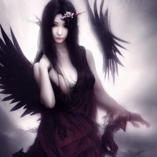 Ruan Jia, night, high detail face, black hair beautiful woman, high detail beautiful eyes, Japanese, fantasy costume, angel with black wings, 4K, light shadow，normal hand