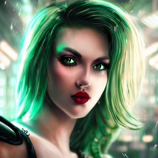 Attractive, young, busty, woman, perfect eyes, gorgeous face, intricate, green bra, black lace, tear drop breast, Mystical background, highly detailed, red hair, green eyes, a very beautiful girl, red lips, looks straight, goes to the city of the future, in cyberpunk style, 3d, high detail