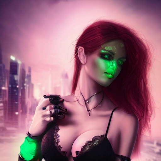 Attractive, young, busty, woman, perfect eyes, gorgeous face, intricate, green bra, black lace, tear drop breast, Mystical background, highly detailed, red hair, green eyes, a very beautiful girl, red lips, looks straight, goes to the city of the future, in cyberpunk style, 3d, high detail