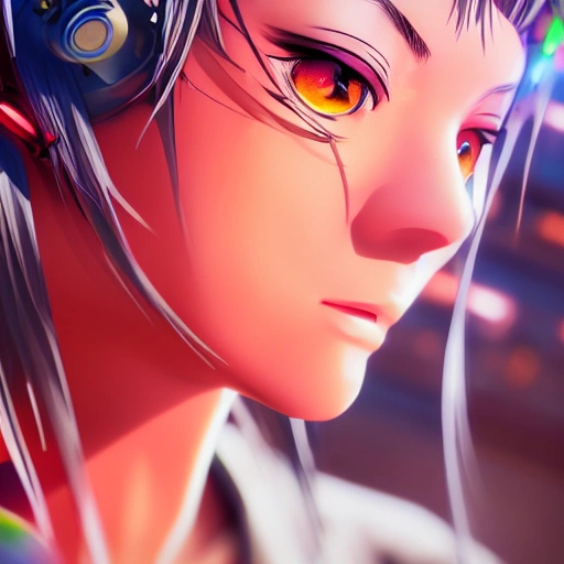 side close up portrait of 1 anime girl, detailed face, spotlight, cyberpunk city, wired, multicolored, vibrant high contrast, hyperrealistic, photografic, 8k, epic ambient light, octane render
