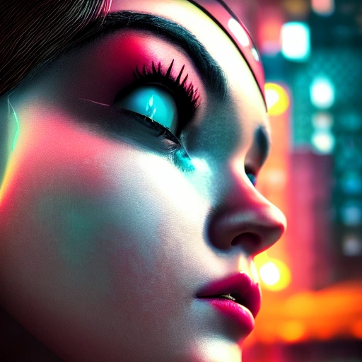 side close up portrait of 1 artistic girl, detailed face, spotlight, cyberpunk city, wired, multicolored, vibrant high contrast, hyperrealistic, photografic, 8k, epic ambient light, octane render