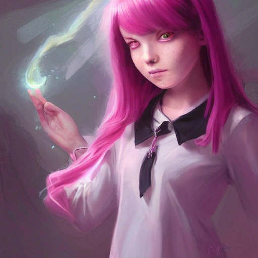 realistic portrait of a young teen girl, pink hair, dark fantasy, dark school student uniform, short hair, casting a bright large-scale magical spell around herself, overflowing energy, highly detailed, digital painting, trending on artstation, pixiv, concept art, sharp focus, illustration, art by Ross Tran and Greg Rutkowski and Walt Disney animation