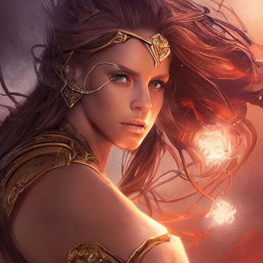 mdjrny-v4 style, princesses fight, Dynamic pose; Artgerm, Wlop, Greg Rutkowski; the perfect mix of Teresa Palmer as warrior princess; high detailed tanned skin; beautiful long hair, intricately detailed eyes; druidic leather vest; wielding an Axe; Attractive; Flames in background; Lumen Global Illumination, Lord of the Rings, Game of Thrones, Hyper-Realistic, Hyper-Detailed, 8k,
