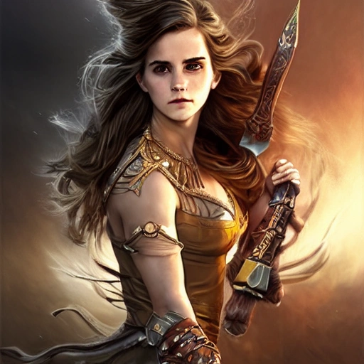 mdjrny-v4 style, princesses fight, Dynamic pose; Artgerm, Wlop, Greg Rutkowski; the perfect mix of Emma Watson as warrior princess; high detailed tanned skin; beautiful long hair, intricately detailed eyes; druidic leather vest; wielding an Axe; Attractive; Flames in background; Lumen Global Illumination, Lord of the Rings, Game of Thrones, Hyper-Realistic, Hyper-Detailed, 8k,