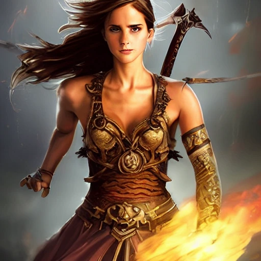mdjrny-v4 style, princesses fight, Dynamic pose; Artgerm, Wlop, Greg Rutkowski; the perfect mix of Emma Watson as warrior princess; high detailed tanned skin; beautiful long hair, intricately detailed eyes; druidic leather vest; wielding an Axe; Attractive; Flames in background; Lumen Global Illumination, Lord of the Rings, Game of Thrones, Hyper-Realistic, Hyper-Detailed, 8k,