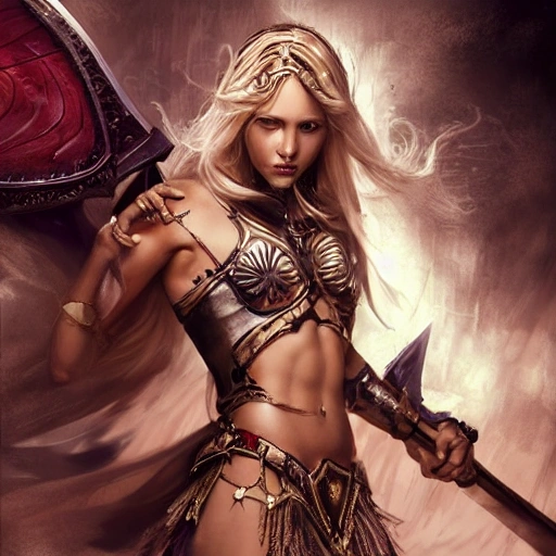 mdjrny-v4 style, princesses fight, Dynamic pose; Artgerm, Wlop, Greg Rutkowski; the perfect mix of Teresa Palmer as warrior princess; high detailed tanned skin; beautiful long hair, intricately detailed eyes; druidic leather vest; wielding an Axe; Attractive; Flames in background; Lumen Global Illumination, Lord of the Rings, Game of Thrones, Hyper-Realistic, Hyper-Detailed, 8k,