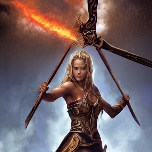 Teresa Palmer on the red square mdjrny-v4 style, princesses fight, Dynamic pose; Artgerm, Wlop, Greg Rutkowski; the perfect mix of Teresa Palmer as warrior princess; high detailed tanned skin; beautiful long hair, intricately detailed eyes; druidic leather vest; wielding an Axe; Attractive; Flames in background; Lumen Global Illumination, Lord of the Rings, Game of Thrones, Hyper-Realistic, Hyper-Detailed, 8k,